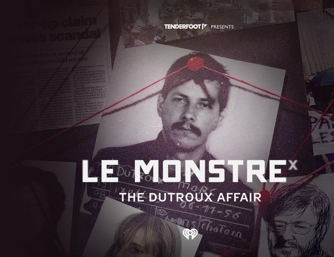 Le Monstre podcast's main cover. Portrait of Marc Dutroux at the police station