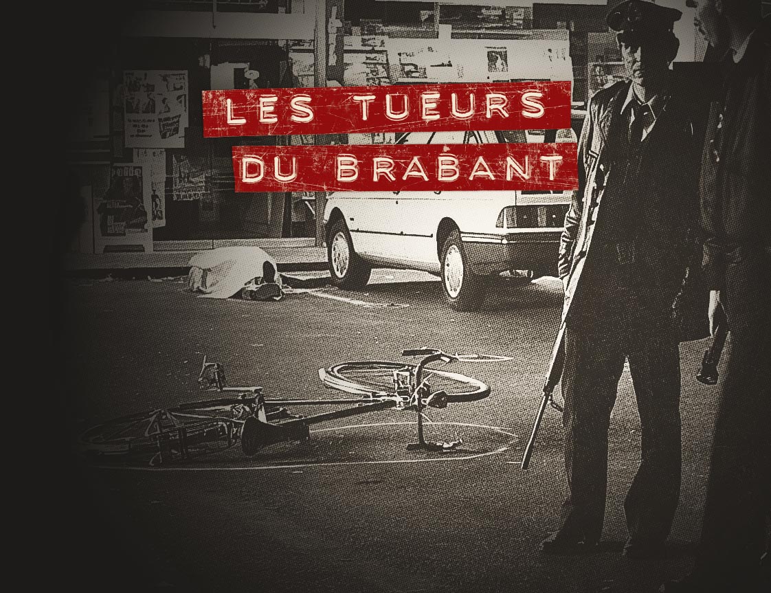 Les Tueurs Du Brabant podcast's main cover. A bike is on the floor of a supermarket parking. There is blood and bullet casings. two heavily armed and stunned police officers are looking at us.