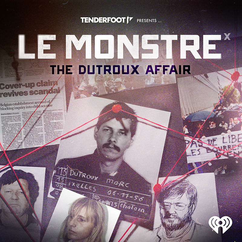 Le Monstre podcast's main cover. Portrait of Marc Dutroux at the police station